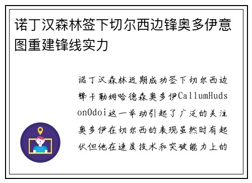 诺丁汉森林签下切尔西边锋奥多伊意图重建锋线实力