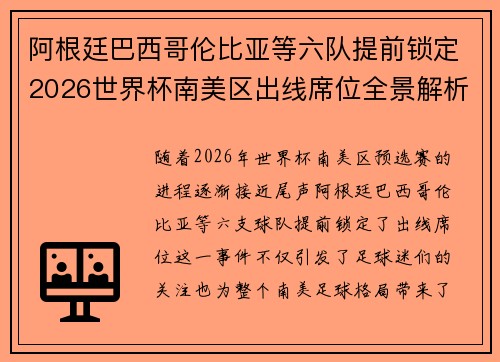 阿根廷巴西哥伦比亚等六队提前锁定2026世界杯南美区出线席位全景解析